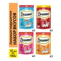 Лакомство для кошек Dreamies Микс вкусов: с курицей, с индейкой, с лососем, с говядиной, 12 пачек по 140 г