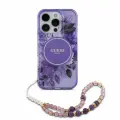 Guess для iPhone 16 Pro Max чехол PC/TPU Flowers Hard + Pearl Hand Strap Puple (MagSafe)