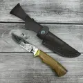 Нож Пластун с гравировкой, сталь 65х13, литье рукоять ценные породы дерева, ножны из натуральной кожи, Мастерская Семина