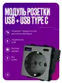 Модуль розетки на 16А с USB и Type C портами на 20W с заземлением и защитой от детей, серый