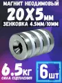 Неодимовый магнит диск 20х5 мм с отверстием-зенковкой 4.5/10 мм, 6шт мощный магнит