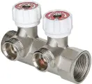 Коллектор VALTEC 3/4 на 2 выхода 1/2Н с белыми регулирующими вентилями, латунь ник. VTc.570. N.0502