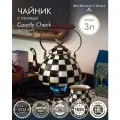 Чайника для плиты, 3 литра, птичка, MacKenzie-Childs, чайник эмалированный, Courtly Check, черно-белый, клетка, ручная роспись, бронза, премиум посуда