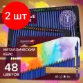 Комплект 2 шт, Карандаши художественные цветные акварельные, 48 цветов, 4 мм, металлический кейс, BRAUBERG ART PREMIERE, 181924