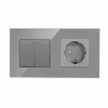 Выключатель с розеткой, 2 клавиши 1 розетка, 2 поста (М2+1F) рамка стекло 157х86мм цвет серый