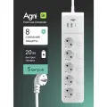 Сетевой фильтр с выключателем для каждой розетки AGNI на 5 розеток 220В, 2 USB 1 Type-C, 4000Вт / 16А, белый, кабель 5 м