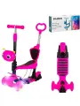 Самокат детский трехколесный с родительской ручкой управления и сиденьем, передние колеса: PU со светом, розовый
