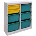 Белый стеллаж труфаст 87х30х91 вертикальный двойной с желтыми (2 шт) и бирюзовыми (5 шт) контейнерами
