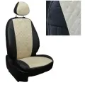 Чехлы на Ниссан Кашкай 1 Ж10 (2007-2013) для сиденья авто, Пилот, Экокожа с алькантарой ромб, Черный с бежевой вставкой