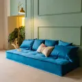Бескаркасный диван кровать для дома трансформер MIELLA Lora1Big, велюр синий с синими подушками подушками