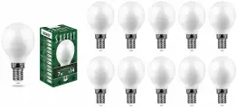 10шт/уп. Лампа LED Шар 7Вт 230B G45 E14 560Лм 4000К Свет Нейтральный белый арт. 55035 Saffit, уп. 10шт