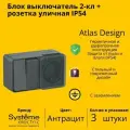Блок выключатель/розетка 2-клавишная Systeme Electric AtlasDesign с заземлением, с защитными шторкми, Антрацит - 3 шт