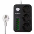 Сетевой фильтр-удлинитель LDNIO, 10A, 2500Вт, 3 розетки, 6 USB, 3.4А, 17Вт, 1,6м SE3631 (чер/бел)