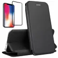 Чехол книжка с магнитом на iPhone 11, на Айфон 11, черный, из эко кожи, с магнитной застежкой. Комплект с защитным стеклом на iPhone 11
