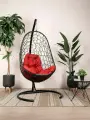 Подвесное кресло овал, с ротангом чёрное, красная подушка
