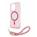 Guess для iPhone 16 Pro чехол PC/TPU Glitter Hard + Pearl Hand Strap Pink (MagSafe)
