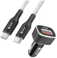 GCR Комплект автомобильное зарядное устройство на 2 USB порта QC3.0 + PD18W [TypeA + TypeC] + кабель 1.0mTypeC/Lightning, белый нейлон