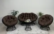 Комплект для отдыха папасан плюс черный: диван, столик, 2 кресла, 3 подушки (коричневый полиэстер)