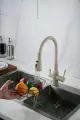 Смеситель для кухни бежевый с силиконовым изливом, однорычажный, с дополнительным выводом под фильтр питьевой воды, Режим душ/ струя