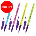Комплект 100 шт, Ручка шариковая BRAUBERG Офисная NEON COLOR, синяя, корпус ассорти, пишущий узел 1 мм, линия письма 0.5 мм, 144200