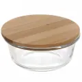 Контейнер стеклянный «Хай-Тек» 400 мл, круглая форма, бамбуковая крышка, герметичность