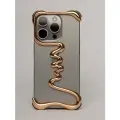 Чехол на iPhone 14 цвет золота металлический волна с защитой камеры и поддержкой беспроводной зарядки