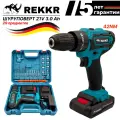 Дрель-шуруповерт аккумуляторный REKKR CD042BL, 42Нм, 2 аккумулятора 21В 3.0Ач, патрон 10мм, кейс с набором, зарядка