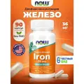 Железо (бисглицинат), 36мг NOW Iron Double Strength, 90 растительных капсул двойной концентрации