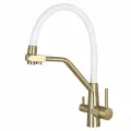 Смеситель для кухни с подключением под фильтр для питьевой воды, с съемным изливом, высокий, поворотный, белый, бронзовый