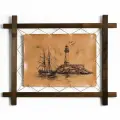 Картина Маяк и корабль, гравировка на натуральной коже, интерьерная для украшения и декора на стену в деревянной раме, подарок, BoomGift