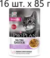Влажный корм для кошек Purina Pro Plan Nutri Savour Delicate Turkey, при чувствительном пищеварении, индейка, 16 шт. х 85 г (кусочки в соусе)