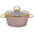Кастрюля эмалированная сталь, 3.5 л, с крышкой, крышка стекло, ручки золото, круглая, RasheL, Grand, R0222, кремово-розовая, индукция