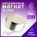 Магнит неодимовый мощный 50х20 мм N52, сила сцепления 98 кг, серебристый