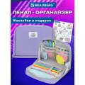 Пенал-органайзер школьный для мальчиков и девочек, для карандашей и ручек с 1 отделением большой, с наклейками, молния вокруг, канвас, канцелярия для школы, 22x15х6 см, фиолетовый, Brauberg, 273594