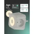 Тройник для розетки, AGNI, быстрая зарядка, разветвитель на 3 гнезда + USB-A и TYPE-C, ночник