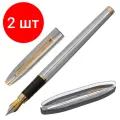 Комплект 2 шт, Ручка подарочная перьевая BRAUBERG Brioso, синяя, корпус серебристый с золотистыми деталями, линия письма 0.25 мм, 143464