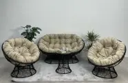 Комплект для отдыха папасан плюс черный: диван, столик, 2 кресла, 3 подушки (бежевый полиэстер)