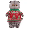 Кот Басик в свитере с елками, 30 см, серый/красный/зеленый