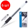 Комплект 6 шт, Ручка гелевая с грипом PILOT G-1 Grip, черная, корпус прозрачный, узел 0.5 мм, линия письма 0.3 мм, BLGP-G1-5