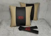 Подарочный набор: декоративная подушка в салон автомобиля из экокожи и накладки на ремень безопасности с логотипом KIA, комплект 3 предмета