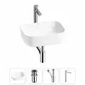 Накладная раковина в ванную комнату Wellsee Preen 20214211R в наборе 4 в 1: раковина 40 см в цвете белый глянец, донный клапан, сифон, смеситель (цвет набора хром)