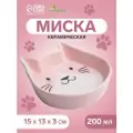 Миска керамическая Голова кота 2 200 мл, 15 x 13 x 3 cм, розовая