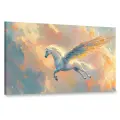 Картина на холсте интерьерная 100х60 см, Пегас, крылатый конь, воздушная картина, утреннее небо, розовый оттенок