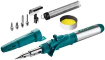 KRAFTOOL SolderGas, 120 K, 30 - 120 Вт, 1300°С, горелка, фен, пьезоподжиг, набор 10 в 1, газовый паяльник (55503-H10)