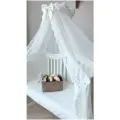 Балдахин белый, объемный, 180*600 см с широким кружевом и белым бантом