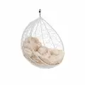 Подвесное кресло капля (без стойки), с ротангом белое, бежевая подушка