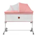 Кроватка детская для новорожденного Dearest приставная с матрасом, с москитной сеткой, с маятником, розовый