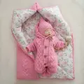 Демисезонный вязаный детский комплект на выписку, 3 предмета, 30% шерсть, MAMINY ZAPISKY, 62 размер (0-3мес), розовый