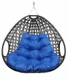 Подвесное кресло для двоих люкс, с ротангом, чёрный, синяя подушка (без стойки)