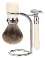 Бритвенный набор Mondial: классический станок, помазок, подставка; слоновая кость